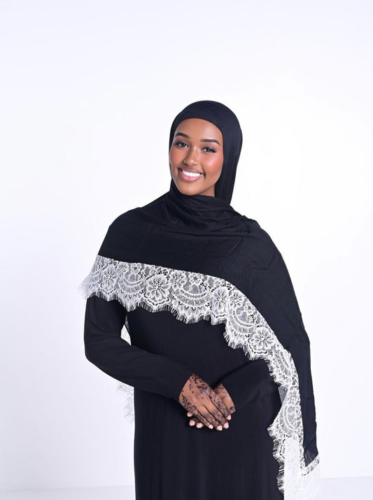 Lace Trim Hijab – Black & White