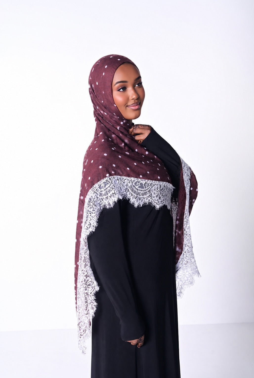 Lace Trim Hijab – Polka Dot Brown