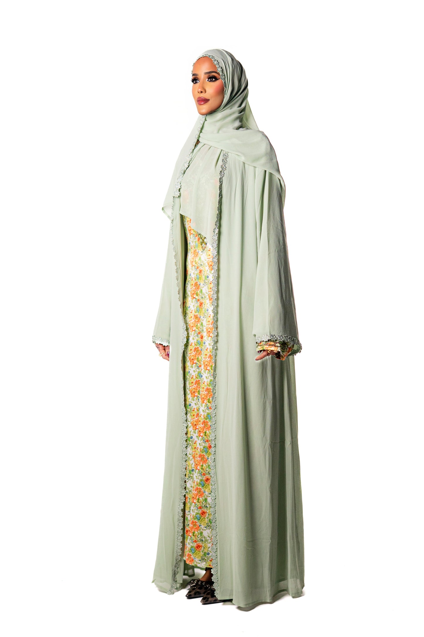 Lace Chiffon Abaya -Lime Green