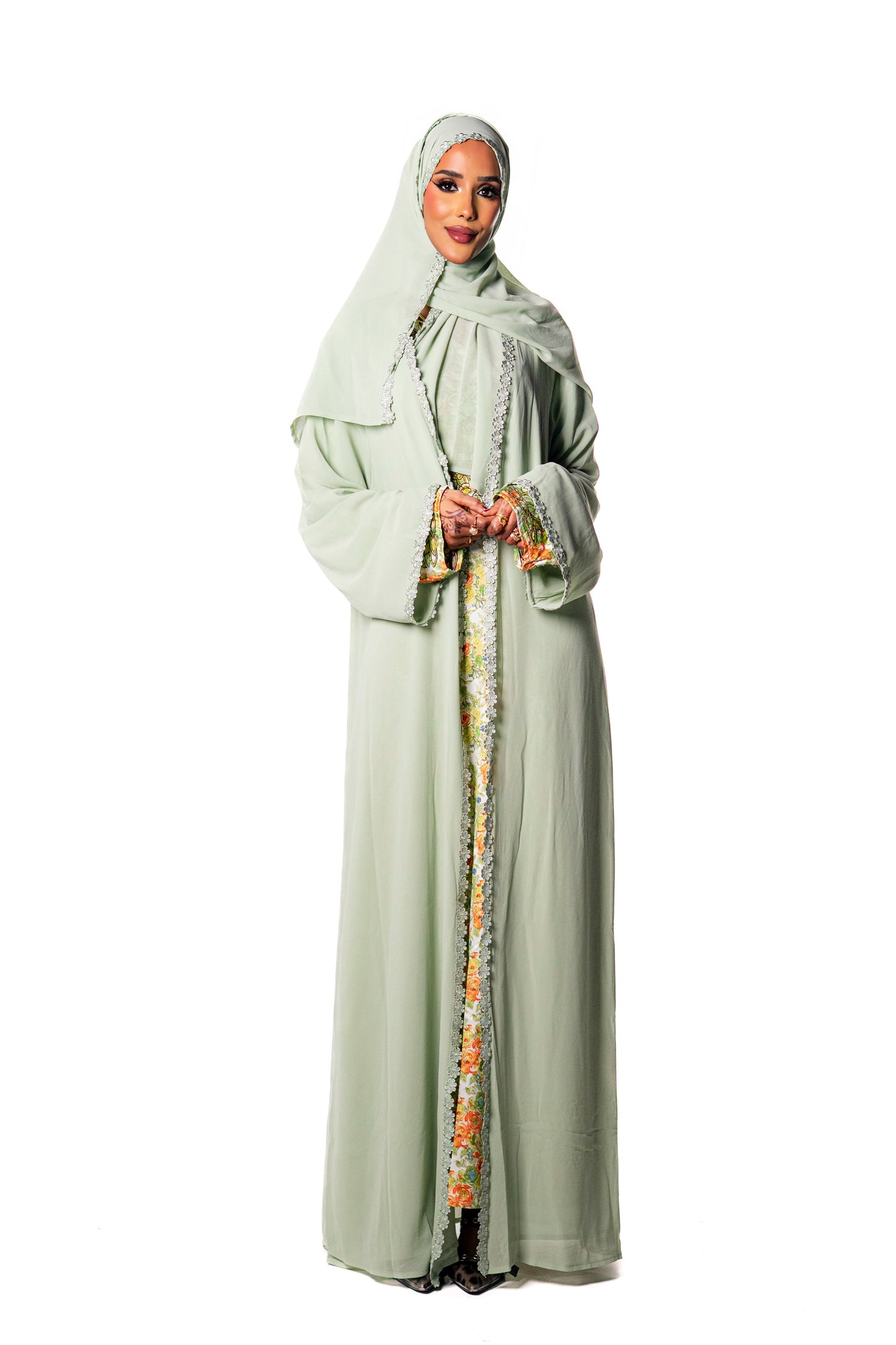 Lace Chiffon Abaya -Lime Green