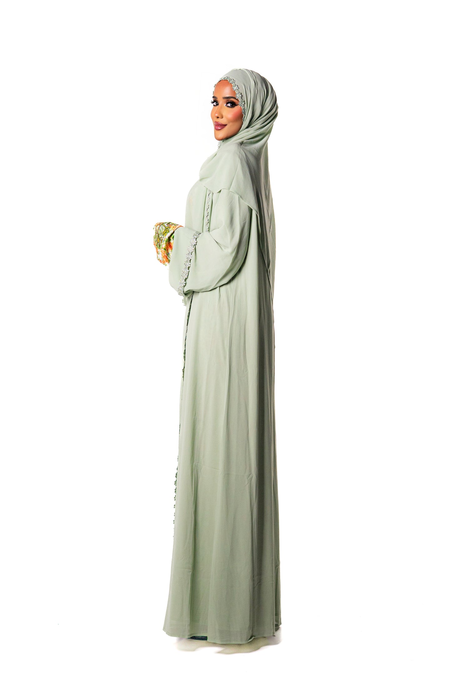 Lace Chiffon Abaya -Lime Green