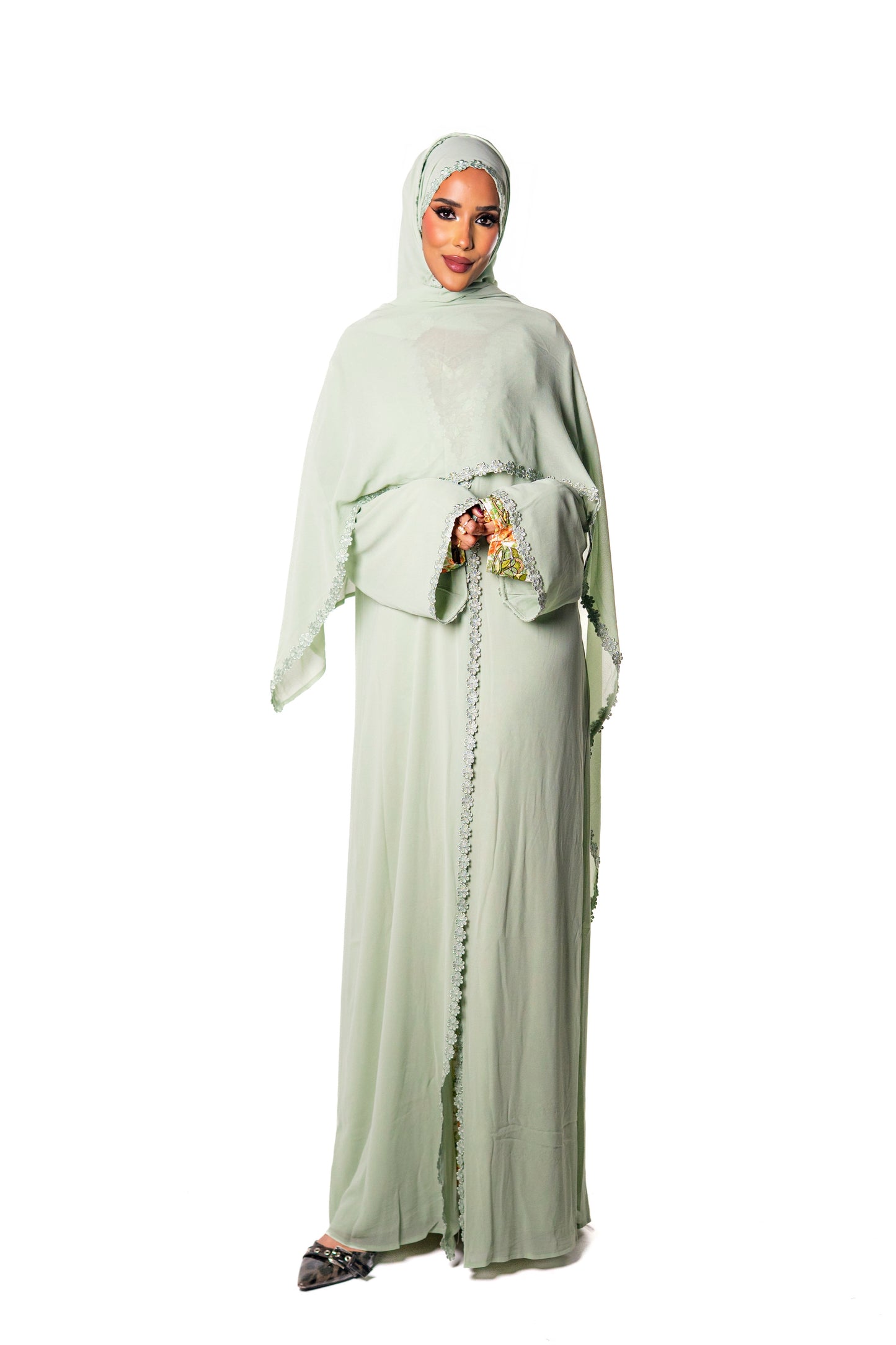 Lace Chiffon Abaya -Lime Green