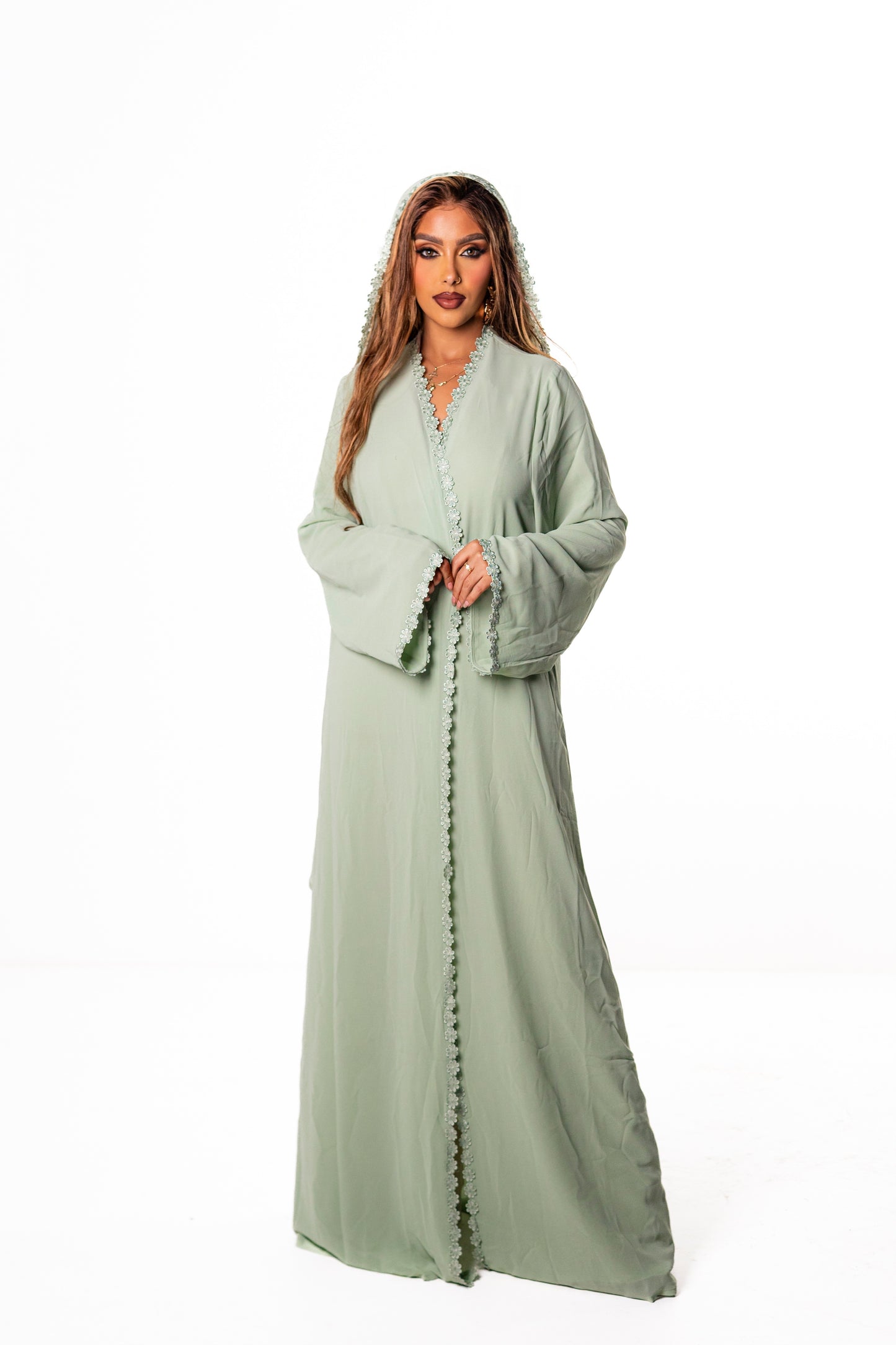 Lace Chiffon Abaya -Lime Green