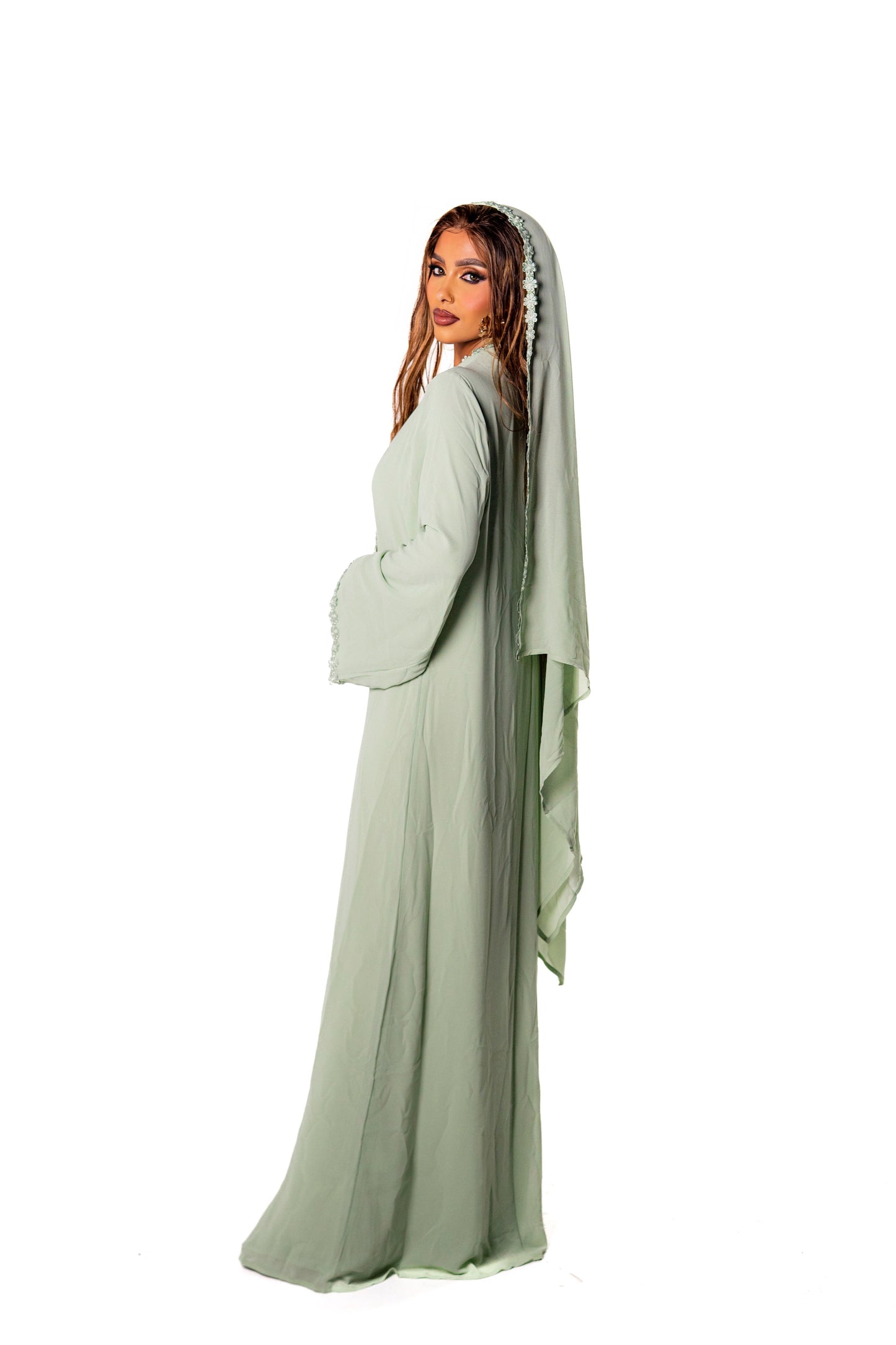 Lace Chiffon Abaya -Lime Green