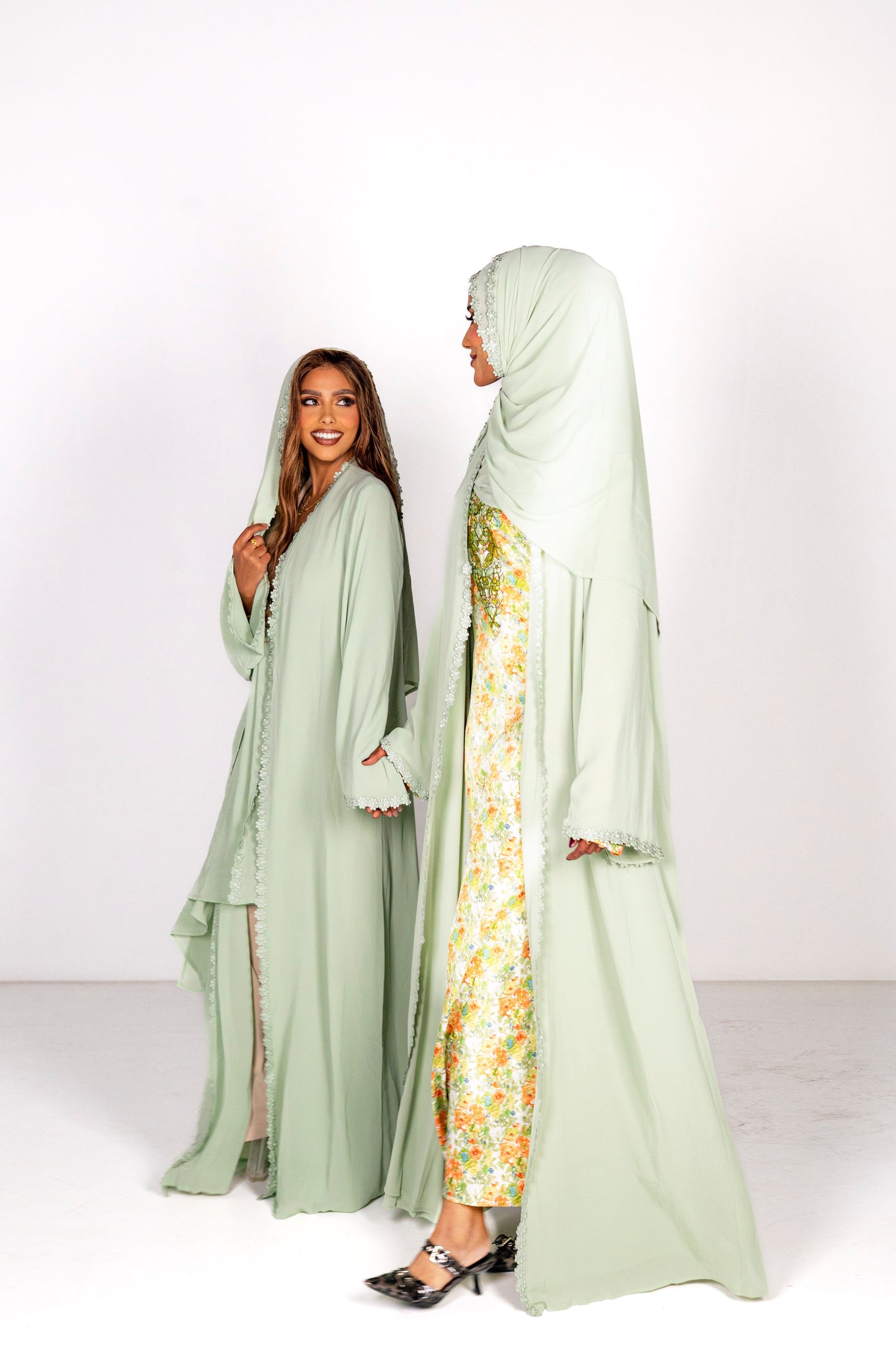 Lace Chiffon Abaya -Lime Green