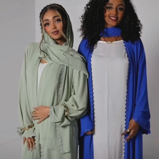 Hadé lace abayas in pastel green and royal blue