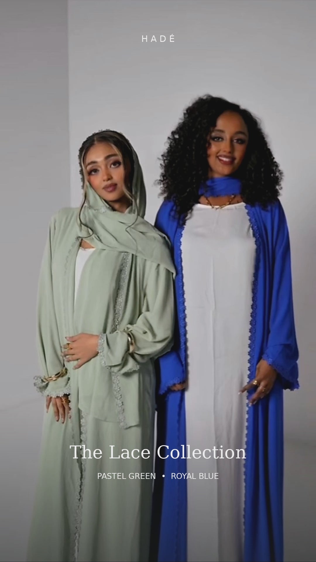 Hadé lace abayas in pastel green and royal blue